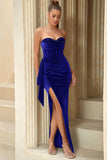 Sequins Strapless Velvet Holiday Party Dress with Slit