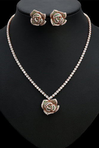 Rose Shape Rhinestone Earrings Necklace Jewelry Set