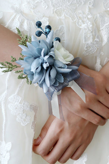 Grey Blue Wrist Corsage and Men Boutonniere Set for Prom Wedding Party