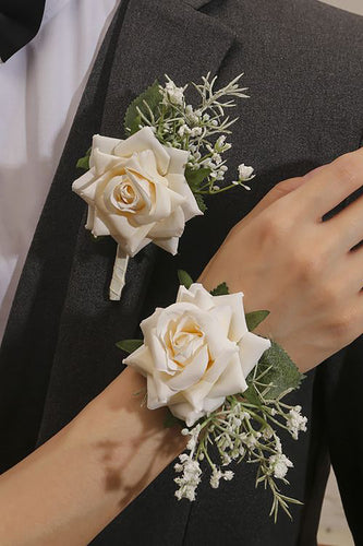 Ivory Wrist Corsage and Men Boutonniere Set for Prom Party