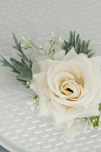 Ivory Wrist Corsage and Men Boutonniere Set for Prom Party