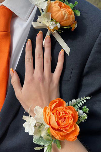 Orange Wrist Corsage and Men Boutonniere Set for Prom Wedding Party