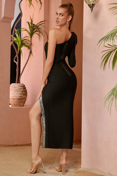 Sparkly One Shoulder Black Party Dress with Slit