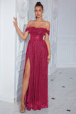 Sparkly Fuchsia Off The Shoulder Prom Dress with Slit