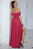 Sparkly Fuchsia Off The Shoulder Prom Dress with Slit