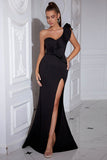 Mermaid One Shoulder Black Prom Dress with Slit