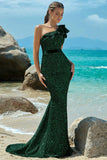 Mermaid Sequins One Shoulder Dark Green Prom Dress