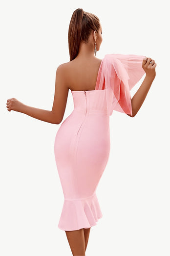 Pink One Shoulder Mermaid Midi Cocktail Dress