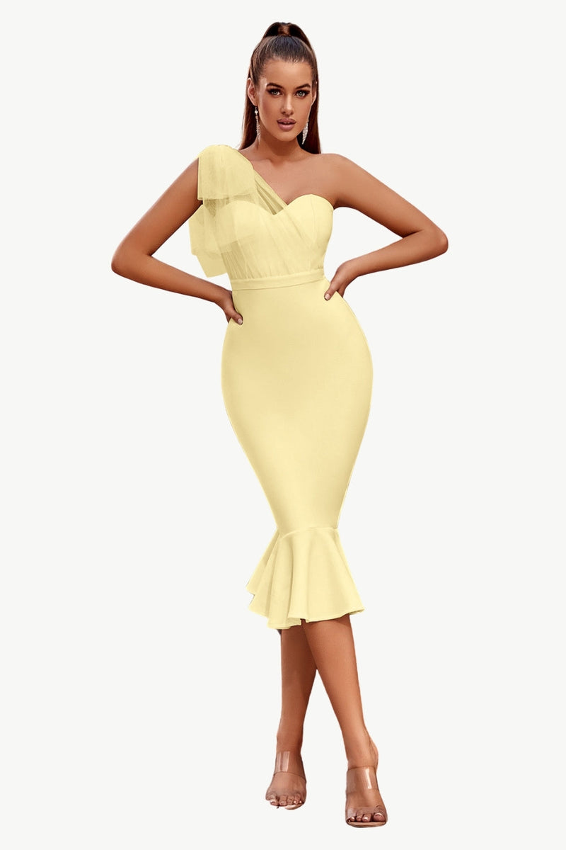 Load image into Gallery viewer, Pink One Shoulder Mermaid Midi Cocktail Dress