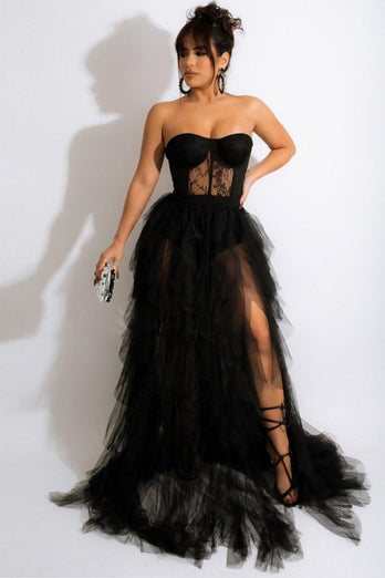 Tulle Sweetheart Black Prom Dress with Slit