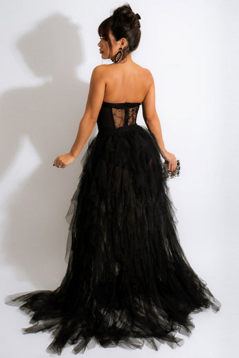 Tulle Sweetheart Black Prom Dress with Slit