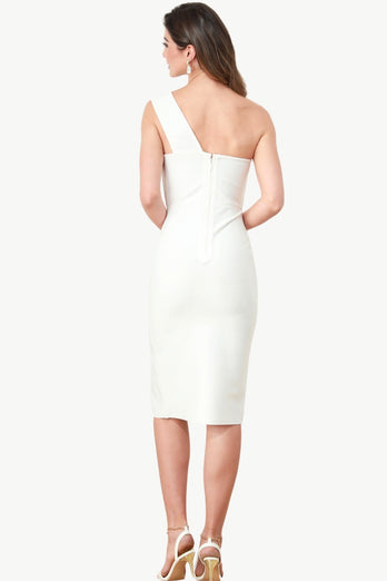 One Shoulder White Bodycon Dress with Buttons