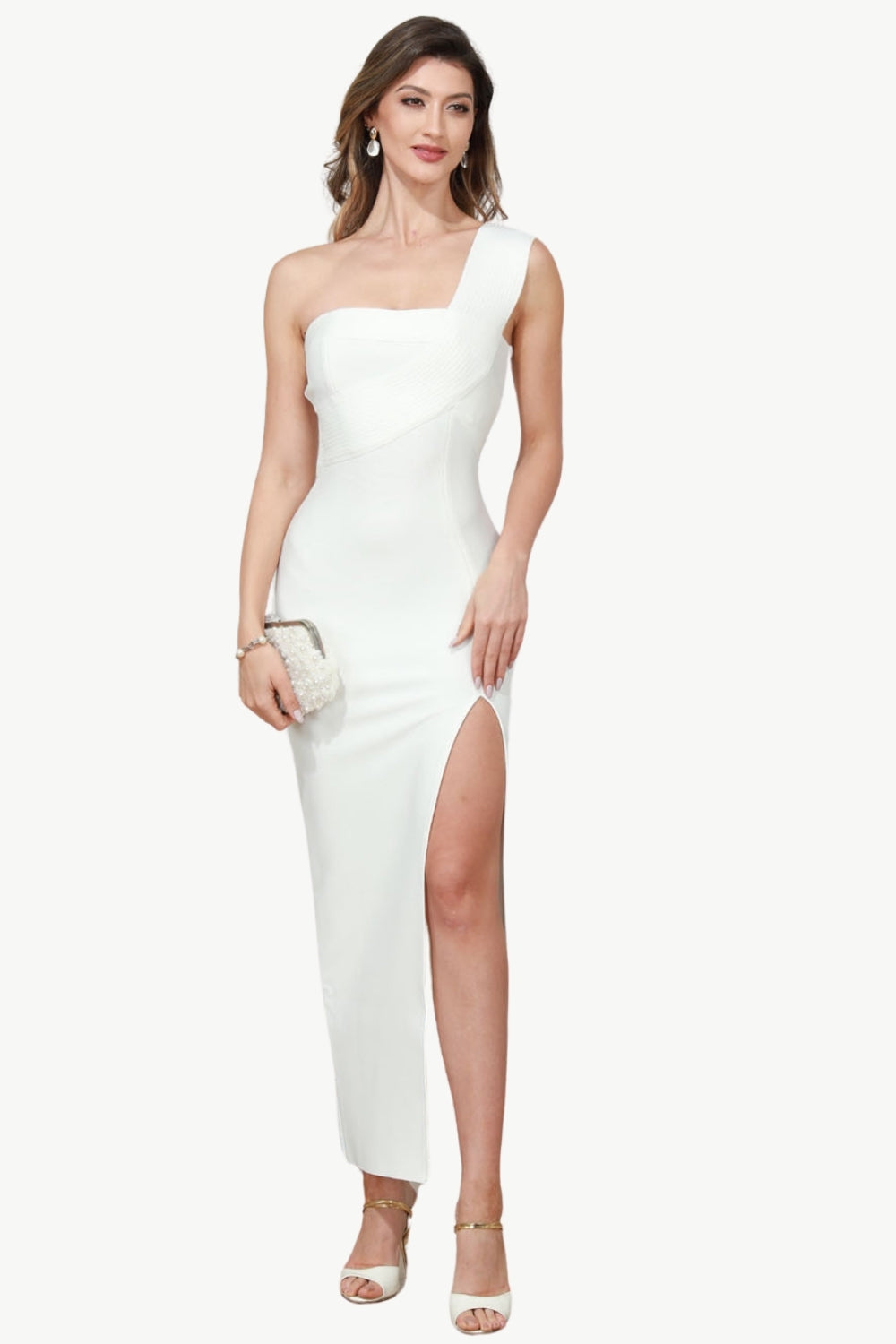 One Shoulder White Party Dress with Slit