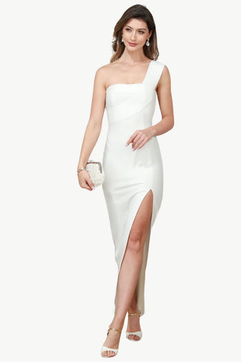 One Shoulder White Party Dress with Slit