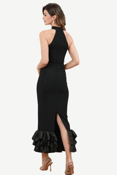 Halter Black Midi Party Dress with Slit