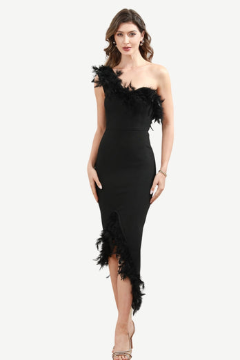 One Shoulder Black Midi Party Dress with Feathers