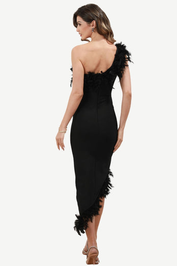 One Shoulder Black Midi Party Dress with Feathers