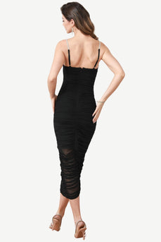 Spaghetti Straps Black Midi Party Dress with Pleated