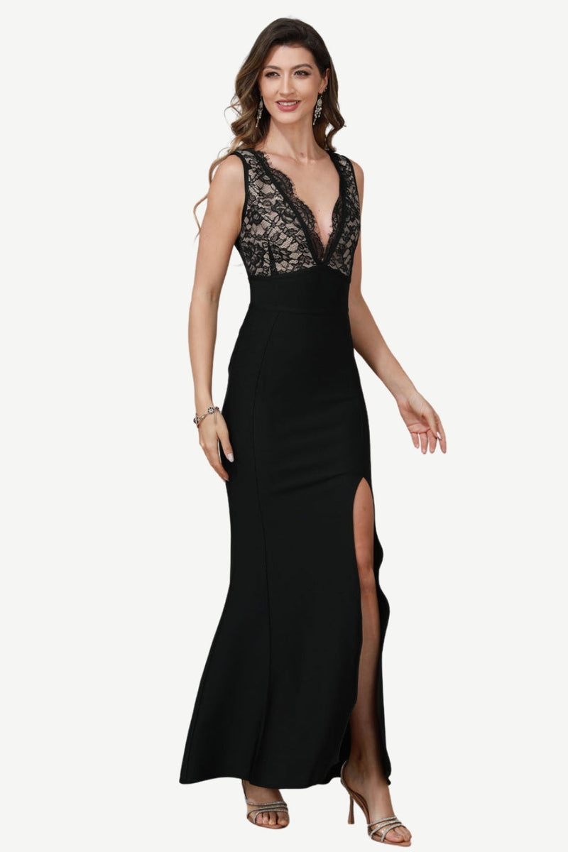 Load image into Gallery viewer, Deep V-Neck Black Formal Dress with Lace