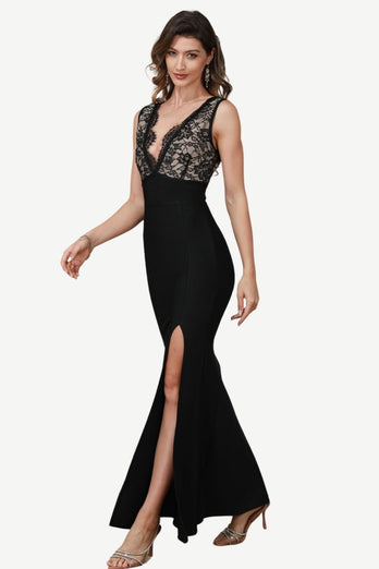 Deep V-Neck Black Formal Dress with Lace