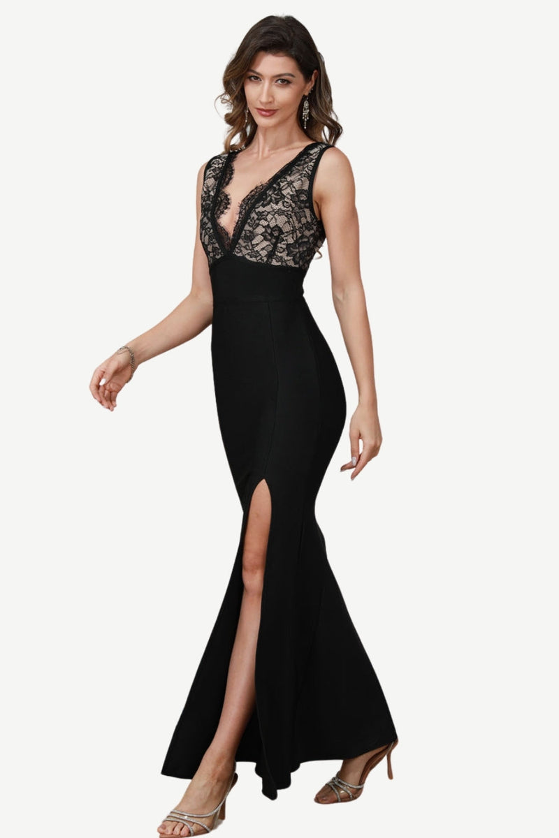 Load image into Gallery viewer, Deep V-Neck Black Formal Dress with Lace