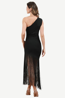 One Shoulder Black Formal Dress with Fringes