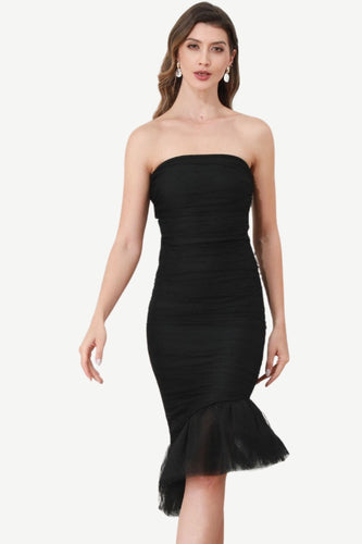 Strapless Black Cocktail Dress with Ruffles