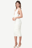 V-Neck Keyhole White Party Dress with Ruffles