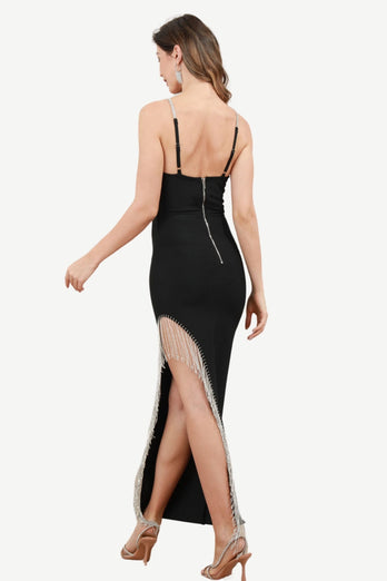 Spaghetti Straps Black Party Dress with Fringes