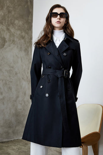 Black Lapel Double Breasted Trench Coat with Belt