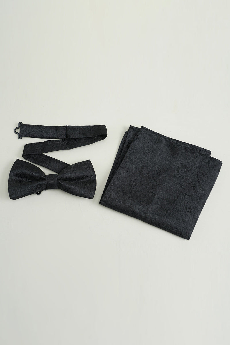 Load image into Gallery viewer, Black Jacquard Satin Bow Tie Pocket Square Set