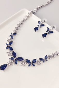 Royal Blue Butterfly Crystal Drop Earrings Necklace Jewelry Set
