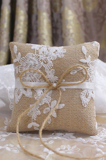 Grey Linen Lace Bowknot Ring Bearer Pillow