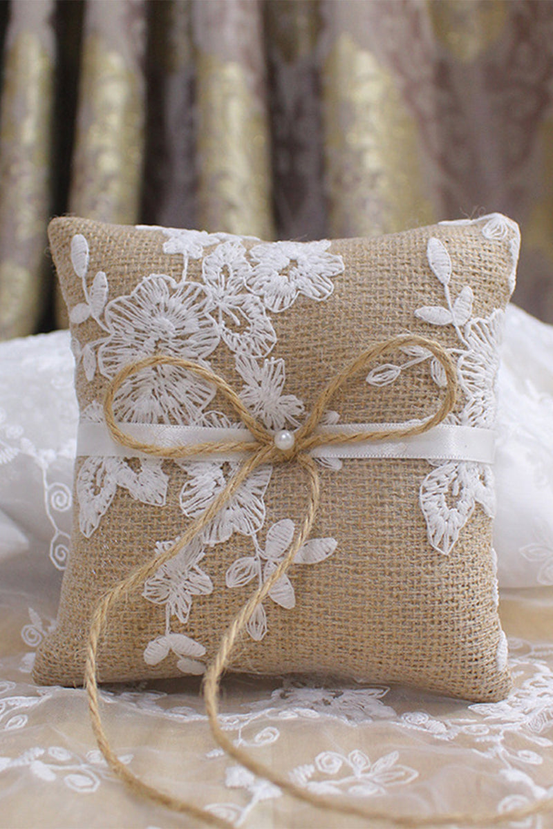 Load image into Gallery viewer, Grey Linen Lace Bowknot Ring Bearer Pillow