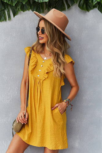 Yellow Button Boho Summer Dress with Ruffles