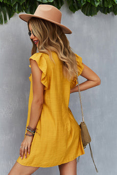 Yellow Button Boho Summer Dress with Ruffles