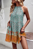 Halter Neck Bohemian Style Printed Green Summer Dress