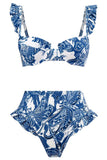 3 Piece Blue Printed Bikini Set Tie Beach Dress