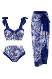 High Waist Printed Dark Blue 3 Piece Swimwear Set with Beach Dress