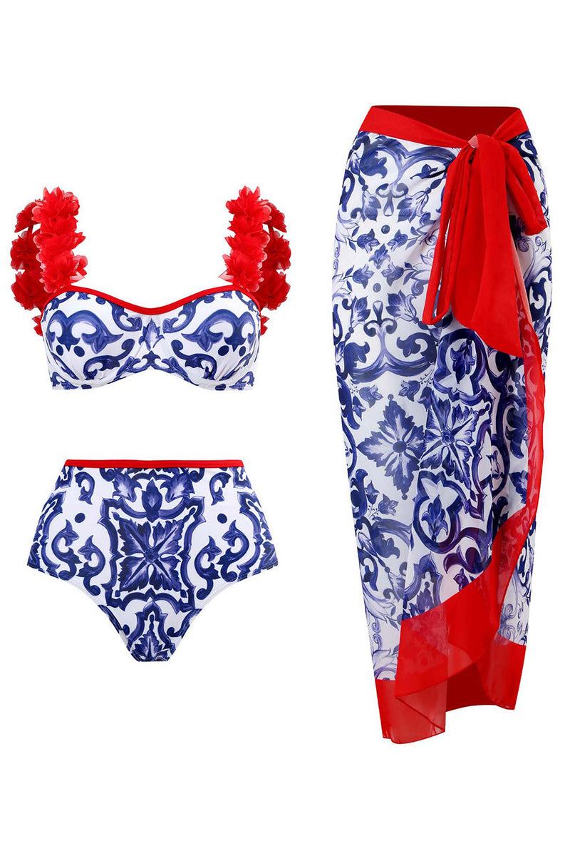 Load image into Gallery viewer, 3 Piece Blue and White Porcelain Printing Swimwear Set with Beach Dress