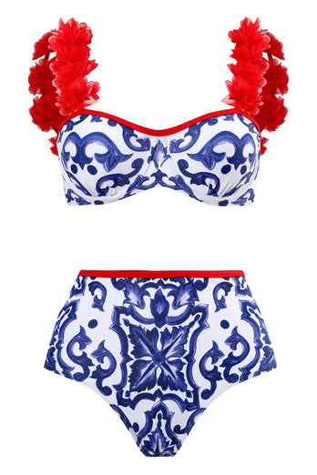 3 Piece Blue and White Porcelain Printing Swimwear Set with Beach Dress