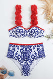 3 Piece Blue and White Porcelain Printing Swimwear Set with Beach Dress