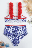 3 Piece Blue and White Porcelain Printing Swimwear Set with Beach Dress