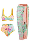 Floral Printed 3 Piece Bikini Set with Beach Skirt