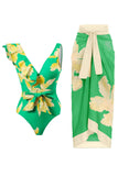 Two Piece Printed Green Bikini Set with Beach Skirt