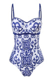 Blue and White Porcelain Printing High Waist One Piece Swimwear