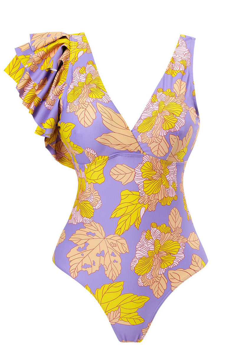 Load image into Gallery viewer, Flower Printed High Waist One Piece Purple Swimsuit