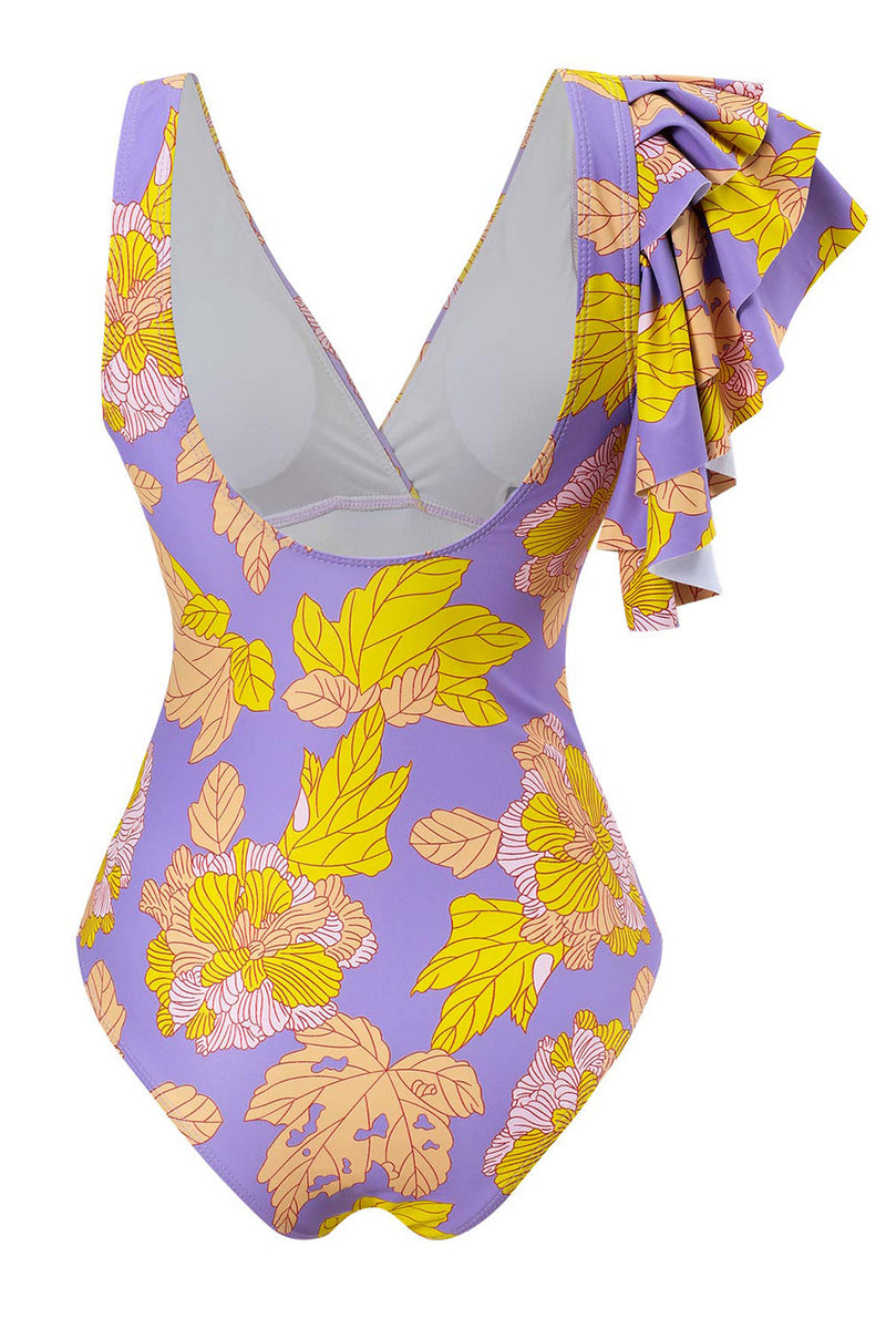 Load image into Gallery viewer, Flower Printed High Waist One Piece Purple Swimsuit