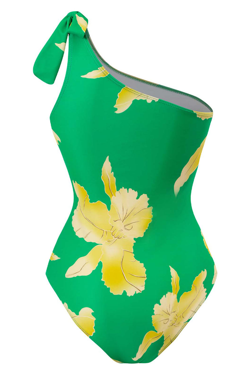 Load image into Gallery viewer, One Shoulder Green Printed High Wait Bikini Wear