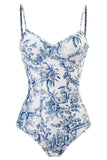 Blue Printed High Waist One Piece Swimwear